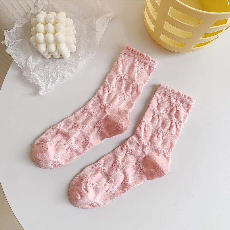 Lbsfy Socks Spring Summer Solid Color Casual Bow Lace Sweet Style Girl Cotton Middle Tube Woman Girls Gift Lolita Harajuku Socks