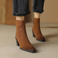LBSFY  -   Women Cow Suede Boots High Quality Chunky Heels Western Boot Woman Retro Square Toe Zipper Shoes Winter 34-42
