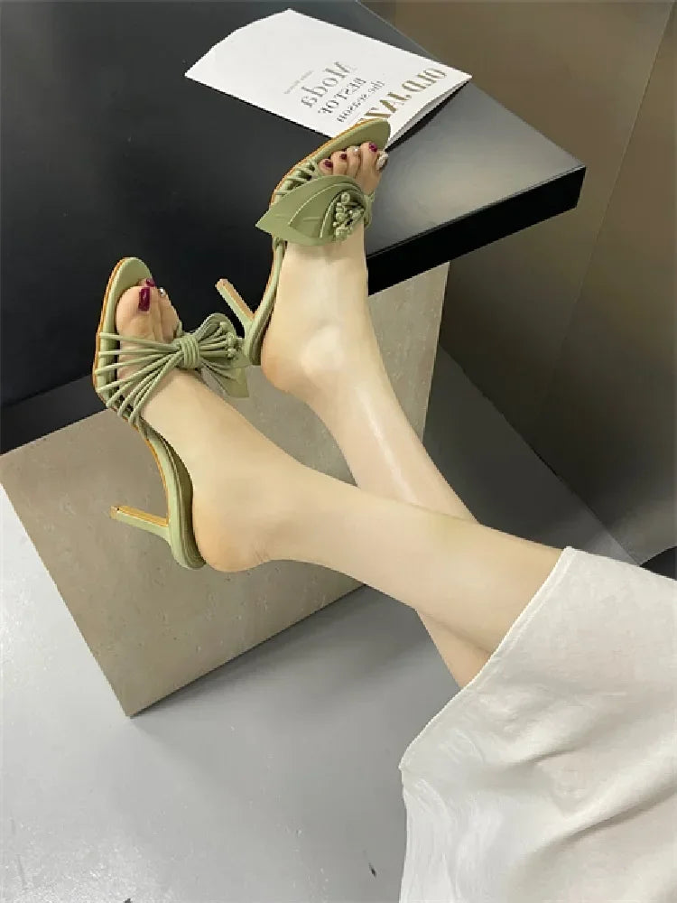 LBSFY -Fashion Open Toe Narrow Band Butterfly-kont Thin Heels Women Slippers Summer Party Dress Slides Shoes