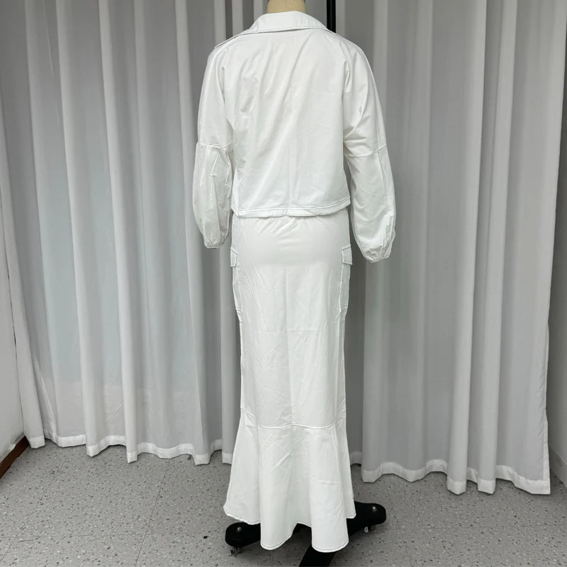 LBSFY  -  Two Pice Set Office Elegant Women Solid Lapel Lace Up Long Lantern Sleeve Cardigan Top A Line With Pockets Long Skirt Set