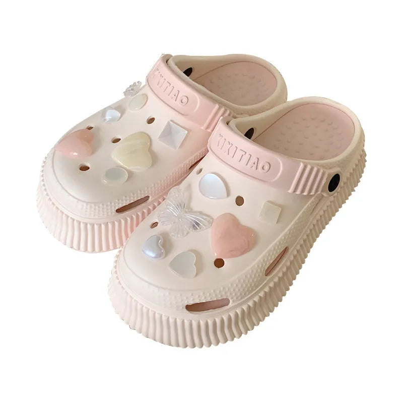 LBSFY  -  Women's Summer Water Diamond Love Hole Shoes Wearing Beach Shoes Outside EVA Soft Thick Sole Creative Contrast Color Baotou
