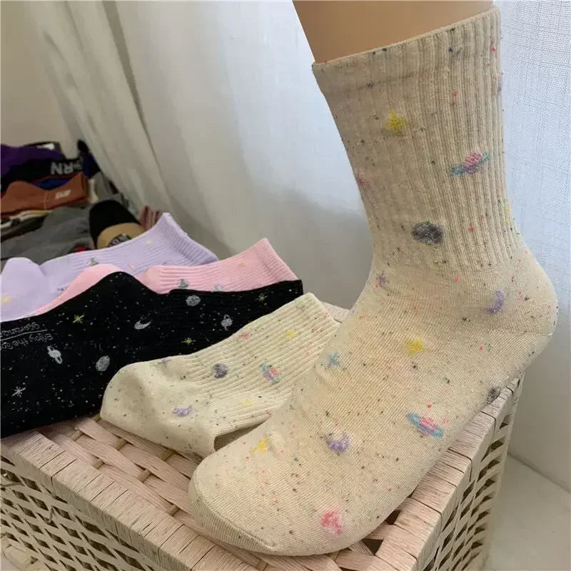 Lbsfy Funny Moon Stars Pattern Socks Women Harajuku Planet Space Tube Sock Female Colorful Sweet Warm Cute Casual Streetwear Meias