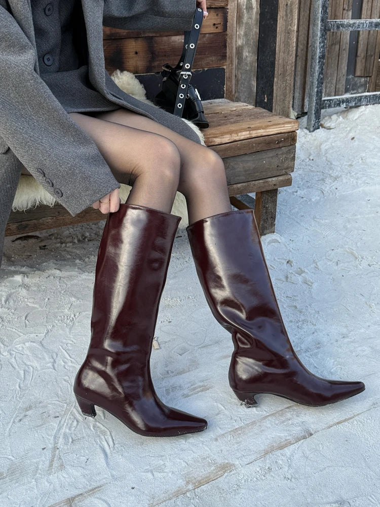 LBSFY  -  Knee High Boots For Women Kitten Heel 2025 New Burgundy Boots Leather Shoes