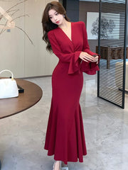 LBSFY -Korean Sexy Mermaid Dress for Women V-Neck Flare Long Sleeves Ruffles Party Dresses Autumn Female Slim Waist Vestidos Long Robe