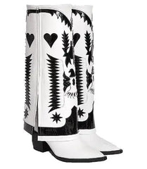 LBSFY  -  Burgundy White Brown Mixed Color Leather Eagle Star Heart Print Pointed Toe Square Med Heels Knee High Pants Boots Women Shoes