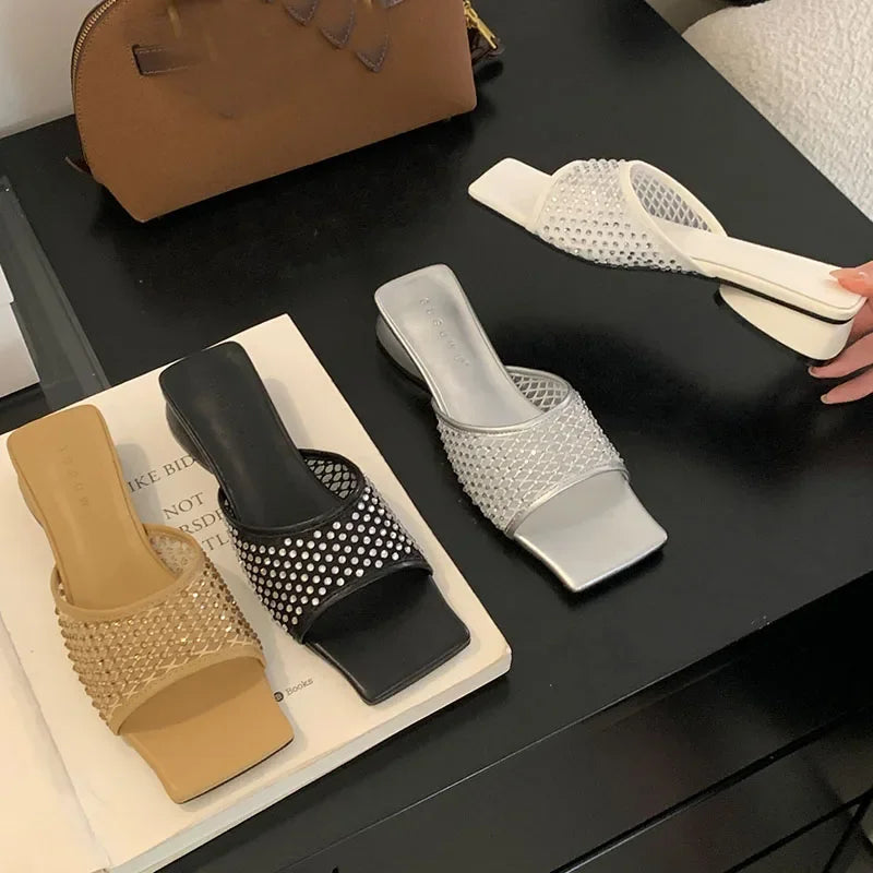 Lbsfy Summer NEW Mesh Breathable Slippers Women Rhinestone Square Toe Slides Female Footwear Fashion Sandals Ladies Zapatos De Mujer