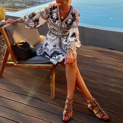 LBSFY  -  Boho Style Pattern Print Retro Party Dress Women Spring V Neck Lace-up Office Mini Dress Autumn Lantern Long Sleeve A-Line Dress