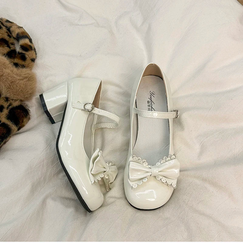 LBSFY -Cute Butterfly-knot Women Lolita Mary Jane Shoes Concise Thick Heel Leather Shoes Ladies Shallow Pumps