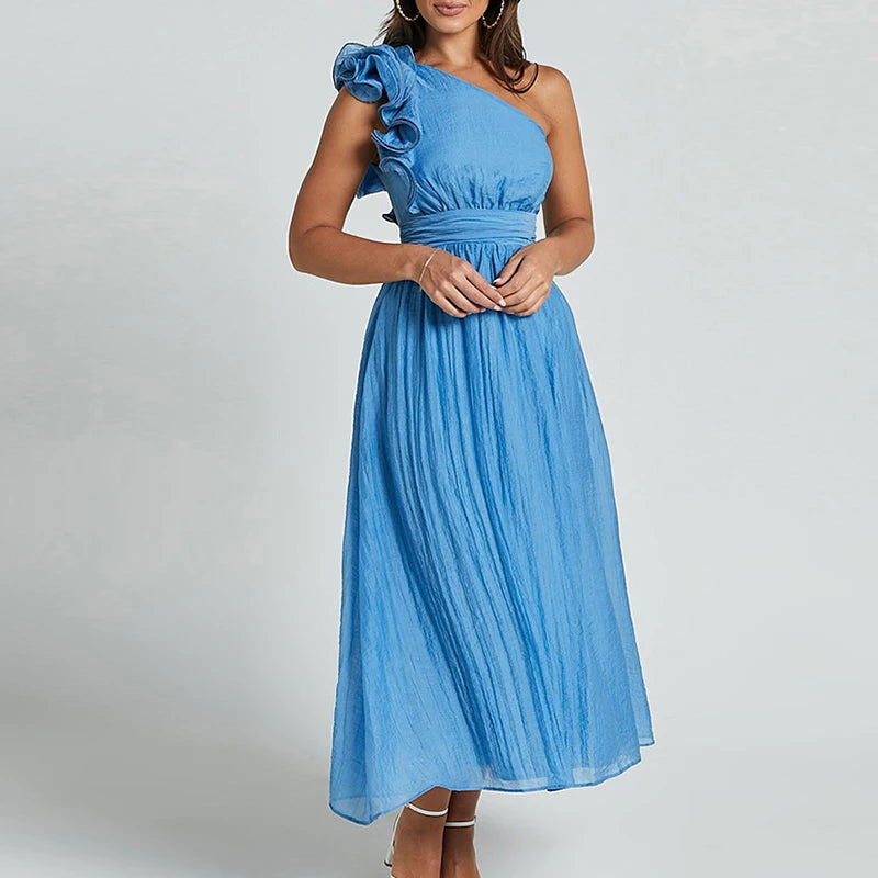 LBSFY  -  Sexy Slanted Collar Solid Long Dress Women Elegant Sleeveless Ruffle Pleated Party Dress Fashion Hight Waist Slim Evening Dress