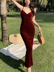 LBSFY -Summer Vintage Sexy Club Prom Red V-neck Dresses Women Spaghetti Strap Slit Long Dress Beach Midi Elegant Dress Party Robe