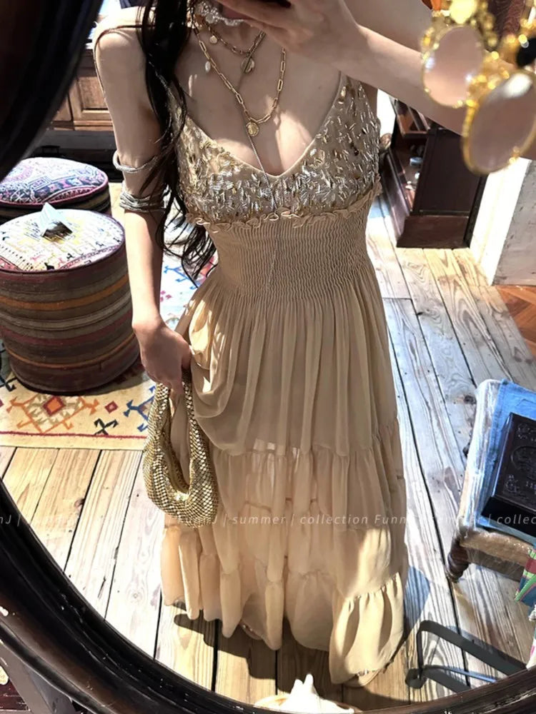 LBSFY -Y2K Elegant French Fashion Women's Evening Dresses Sequin Vintage V-Neck Backless Sexy Slim Midi Dress Prom Female Clothes New