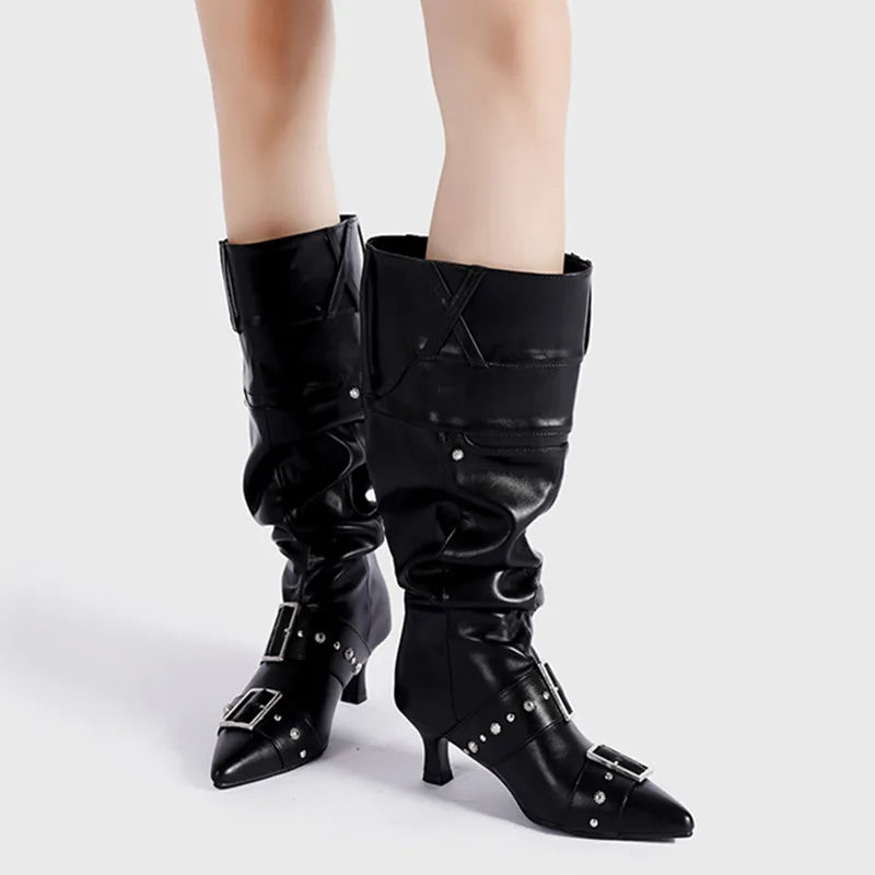 LBSFY  -  Star style Fashion Pointed toe Belt Buckle Metal Rivet Women Knee High Boots Autumn Winter Patent Leather High Heels Boots Shoes