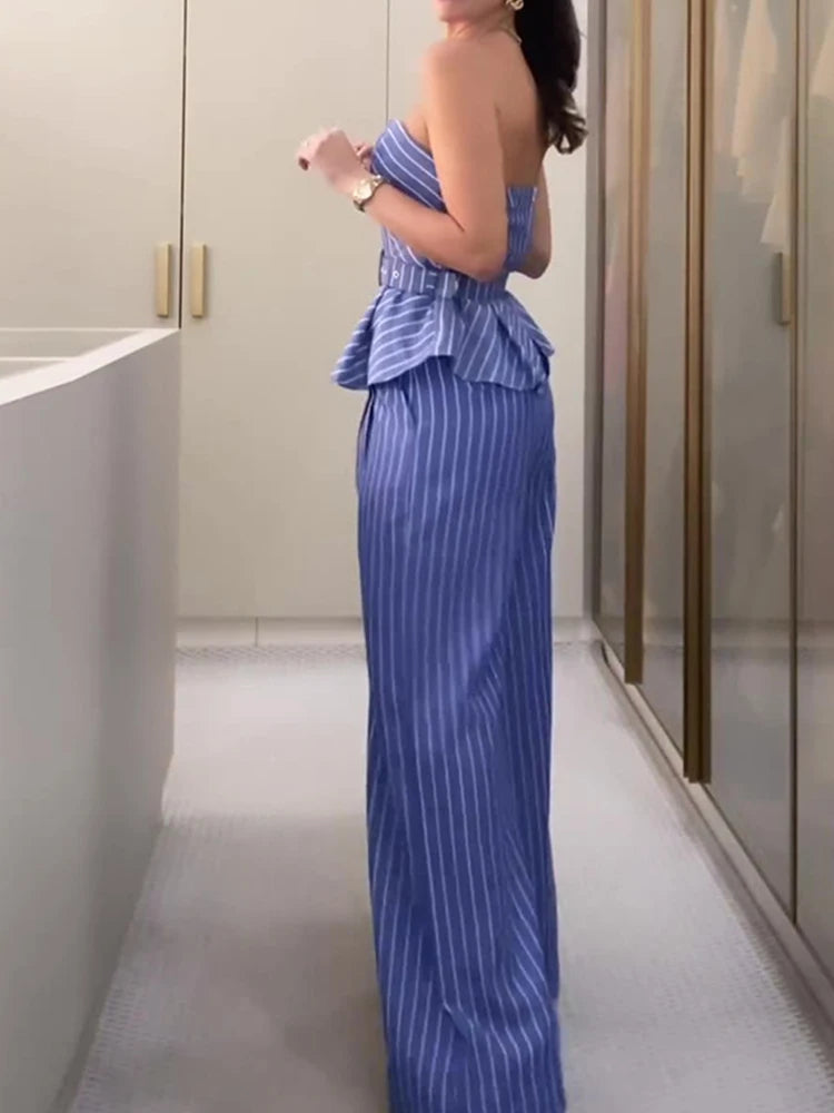 LBSFY  -    2 Pieces Sets Women Casual Crop Top And Pant Off Shoulder Top With Pant Outfits Women Stripe Fashion Matching Sets