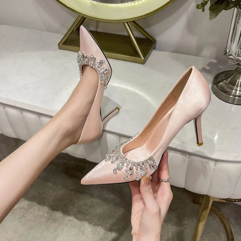 LBSFY  -  Wedding Shoes 2024 New White Satin Bridal Shoes Tassel Water Diamond Champagne Banquet Bridesmaid High Heels
