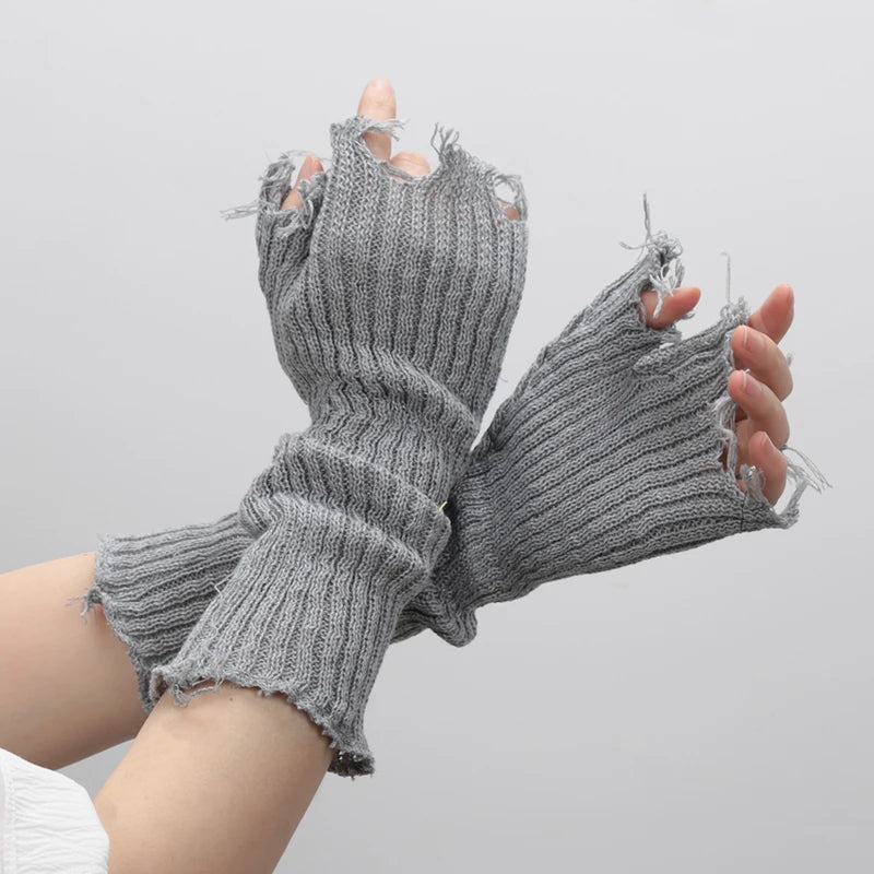 Lbsfy New Girl Gloves Black  Beige Tattered Punk Unisex Fingerless Cuff Knit Glove Women Men Elbow Mittens Broken Arm Warmer Gloves