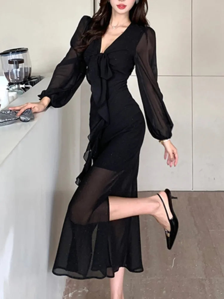 LBSFY -Autumn Solid Bodycon Evening Dresses for Women Elegant V-Neck Ruffles Lace-up Patchwork Long Sleeves Party Dress Female Clothes