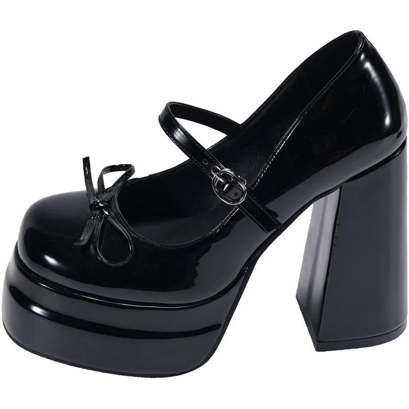 LBSFY -Super High Heel Mary Jane Shoes Women's Retro Round Toe Shallow Mouth Bow Platform One Strap Block Heel Single Shoes