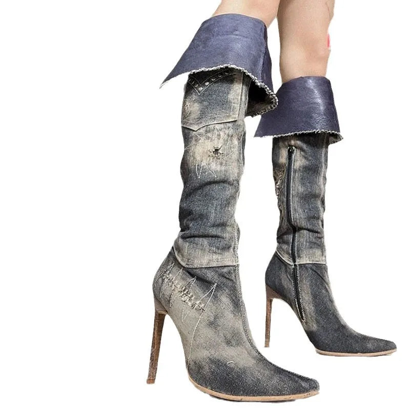 LBSFY  -  American Style High-Heeled Retro Spicy Girl Pointed Denim Knee High Boots Fashionable Slim Heel High Tube Knight Folding