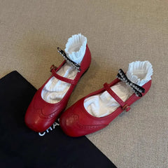 LBSFY -Retro Flat Bottom Mary Jane Shoes Spring Summer New Style Red Slip-On Women's Flats round Toe Low Heel Floral Patterned Pumps