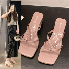 LBSFY -New Style Fashion Women's Shoes Peep Toe Square Toe Women's Slippers Outdoor Stiletto Heel Cross Thin Strip Modern Slippers