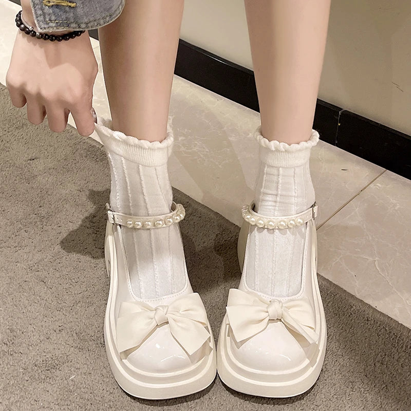 LBSFY -Fashionable Mary Jane Women's Shoes Thick Soles and Heightening Spring New Sweet Bow Shallow Mouth Buckle High-heeled Shoes