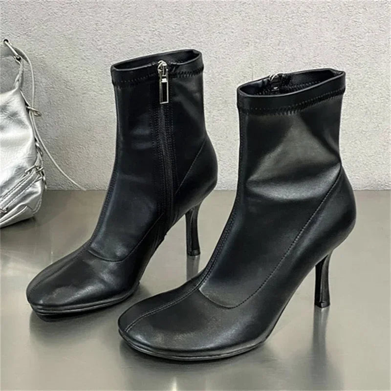 LBSFY -Spring Autumn SEXY Round Toe Women Ankle Boots Concise Thin High Heels Shoes Fashion Side Zipper Short Booties