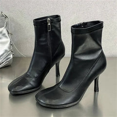 LBSFY -Spring Autumn SEXY Round Toe Women Ankle Boots Concise Thin High Heels Shoes Fashion Side Zipper Short Booties