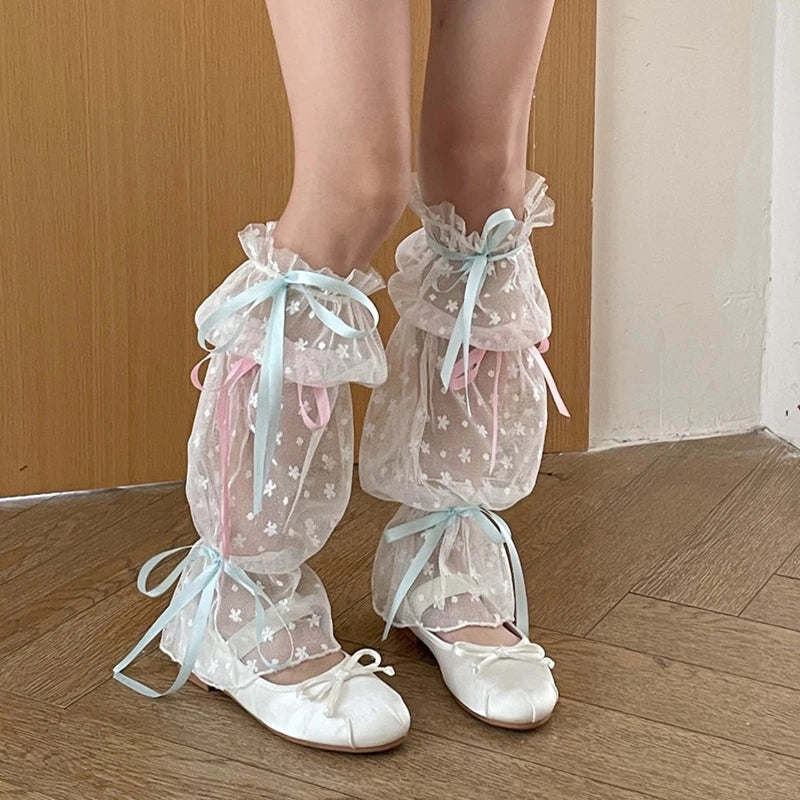 Lbsfy Summer Lace Leg Warmers Fashion Y2K Mid Length Sock Covers Girls Lolita Style Bowknot Sweet Leg Covers Meshes Leg Sleeves Woman