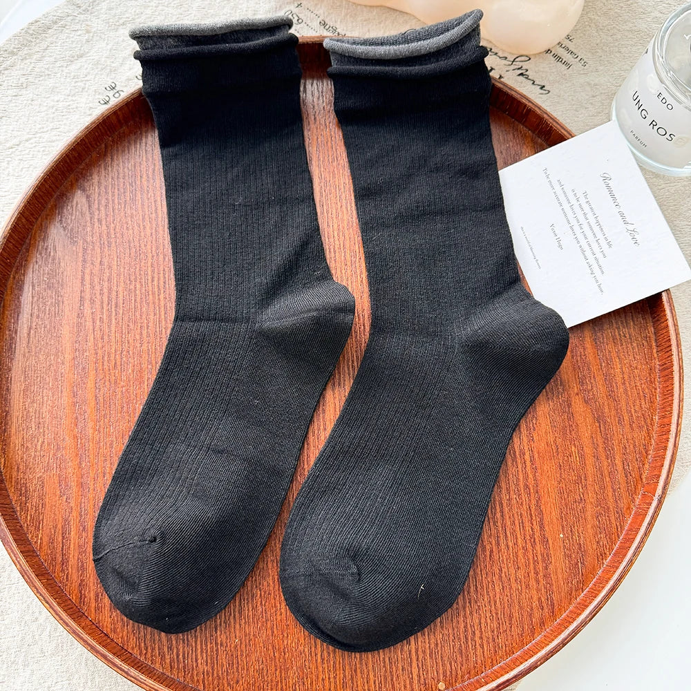 Lbsfy Autumn Winter Women's Tube Pile Socks Pure Cotton Double-layer Rolled Edge Y2K Trendy Sock Vertical Striped Cotton Female Socks