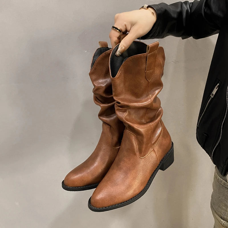 LBSFY -New Style Women's Boots Winter Casual Low Heel Non Slip Comfort Waterproof Pleated Leather Boots Cold Resistant Fashion Boots