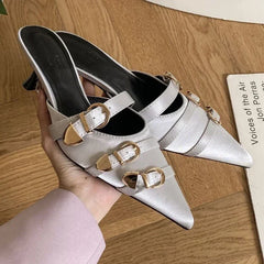 LBSFY  -  Luxury Belt Buckle Satin Designer Slippers Woman Sexy Pointed Toe Slides Sandals Fashion Thin High Heels for Women Mules Loafers