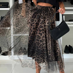 LBSFY  -  Women's Fashion Club Party Slim Half Skirts New Autumn Leopard Print Pleated Skirts Elegant Elastic High Waist Mesh Long Skirt