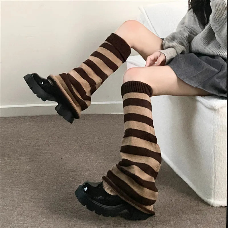 Lbsfy Autumn and Winter New Leg Warmers Woman Solid Color Striped Thick Knitted Leg Warmers Buttons Slit Warm Socks for Women