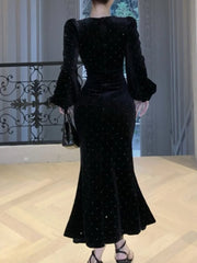 LBSFY -Elegant Velvet Black Mermaid Dress for Women Autumn Vintage Slim Solid Lantern Sleeve Dresses Fashion Evening Party Female Robe