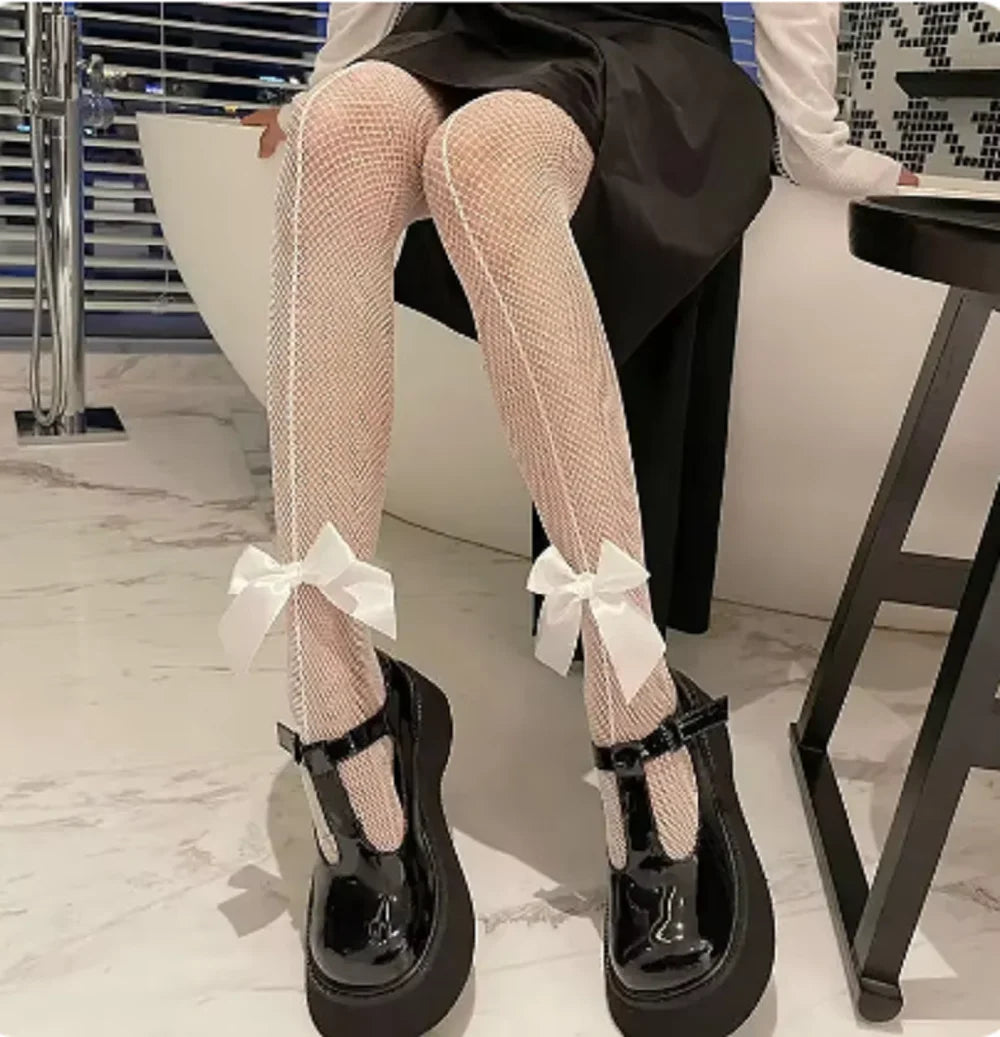 Lbsfy Women Mesh Ventilation Socks Leggings Bows Transparent White Black Tights Stockings Women Sexy Mesh Fishnet Pantyhose