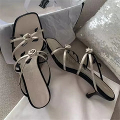 LBSFY  -  Retro Flower Square Toe Mid Heel Slippers Women's Wedding Shoes French Style Pink Beige Color Thin Heel Kitten Heel Sandals