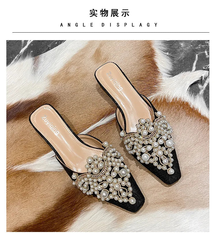 LBSFY -Pearl Half Slippers Women Shoe Autumn Rhinestone Chunky Mid Heel Slipper Sandals Fashion Muller Casual Versatile Single Shoes