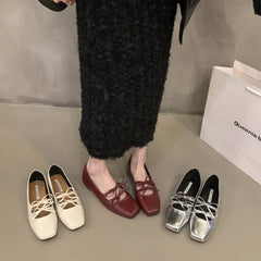 LBSFY -Sweet Double Bowknot Women Mary Jane Shoes New Square Toe Dress Flat Shoe Ladies Red Soft Sole Shoes Zapatos