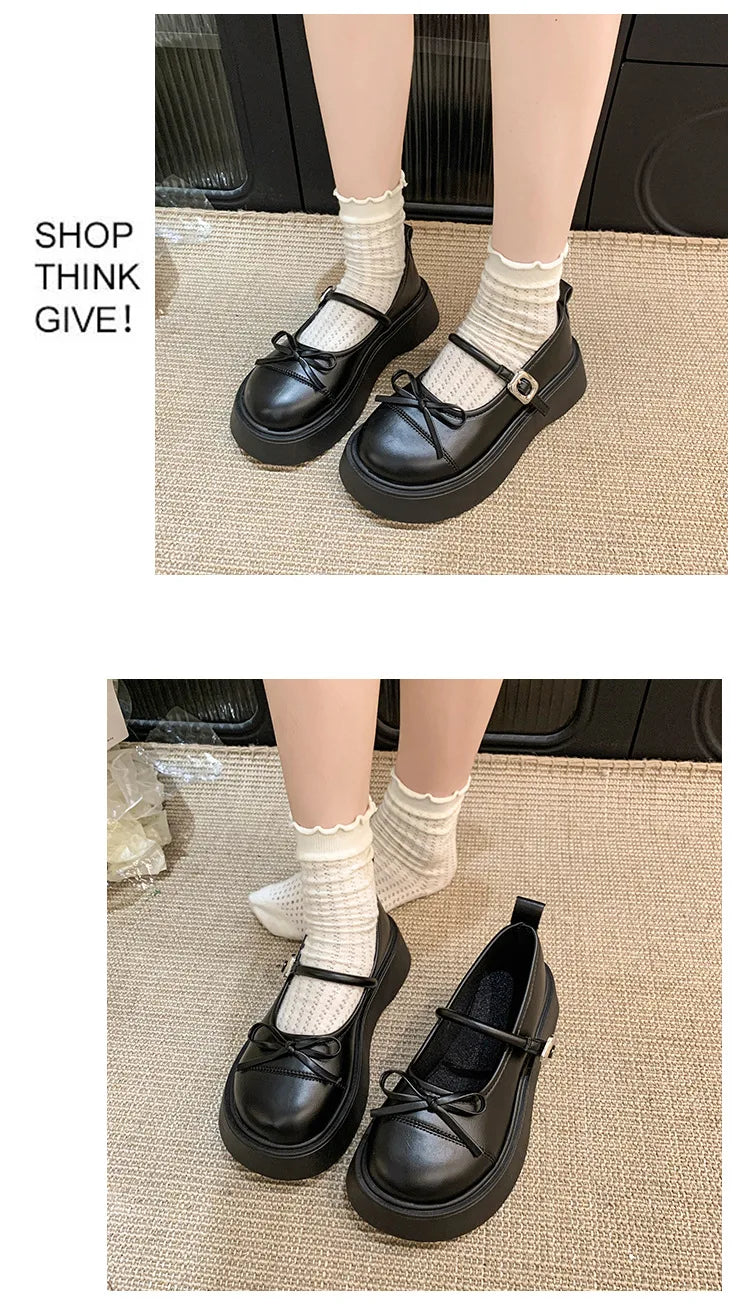 LBSFY -French bowknot Mary Jane Platform Shoes Woman 2025Buckle Strap Pu Leather Casual Shoes Woman Thick Sole Student Jk Uniform Shoes