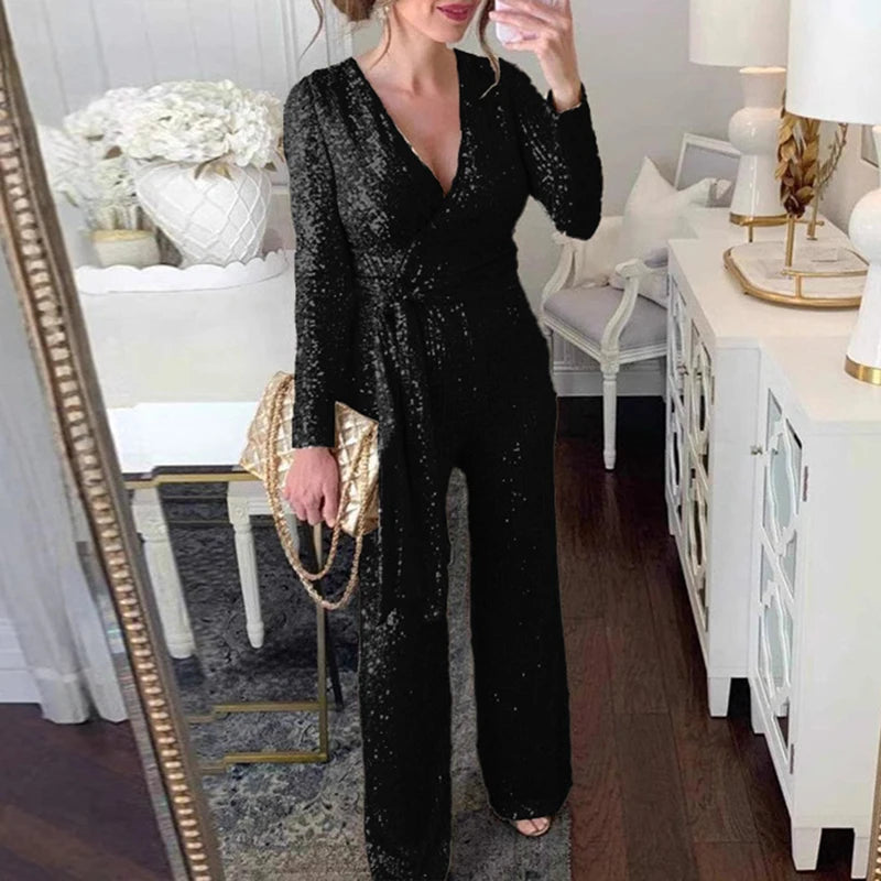 LBSFY  -  New Fashion Long Sleeved Lace Up Playsuit 2024 Casual Solid Straight Party Jumpsuit Sexy Ladies V Neck Shiny Sequin Slim Romper