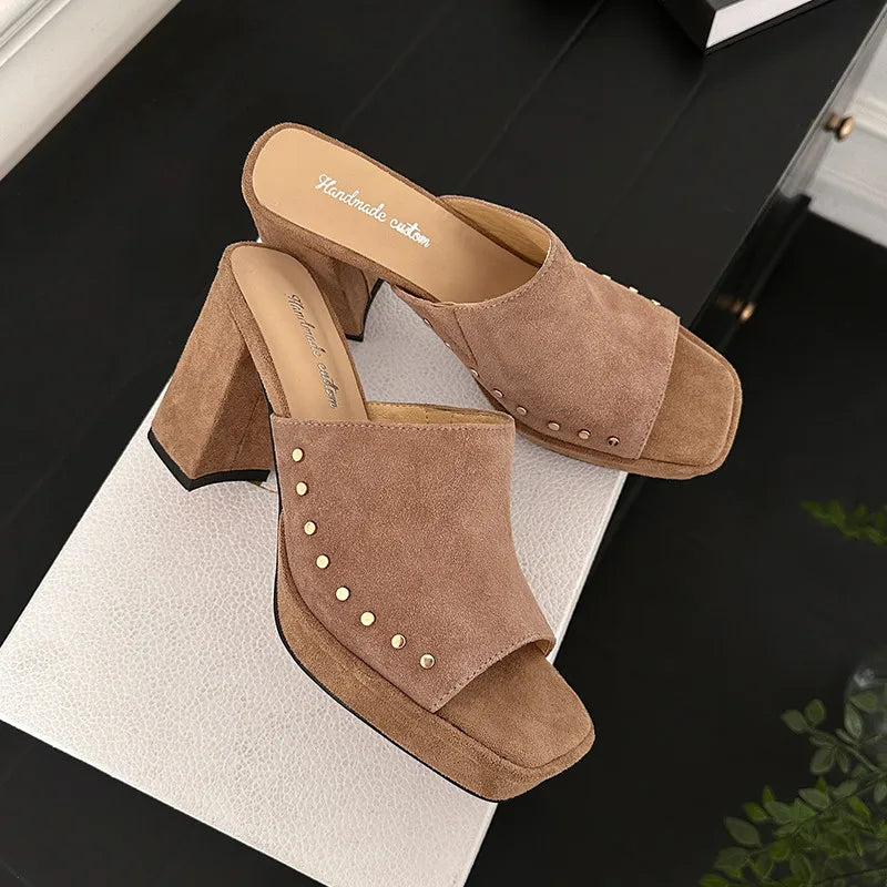 LBSFY  -  Fashion Sandals Women New High Quality Real Leather Open Toe Rivet Thick Sole High Heel Slippers Summer Casual Open Shoes