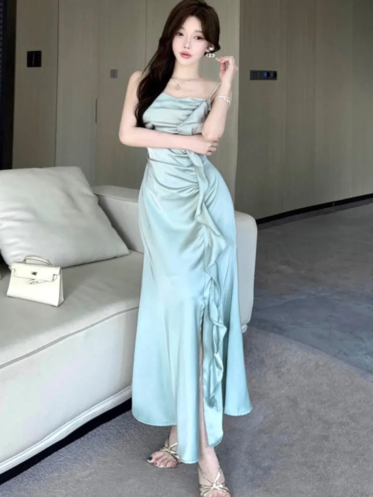 LBSFY -Party Chic Elegant Satin Split Sling Dresses For Woman Ruffles High Waist Folds Long Dress Prom Female Clothes 2025 New Robe