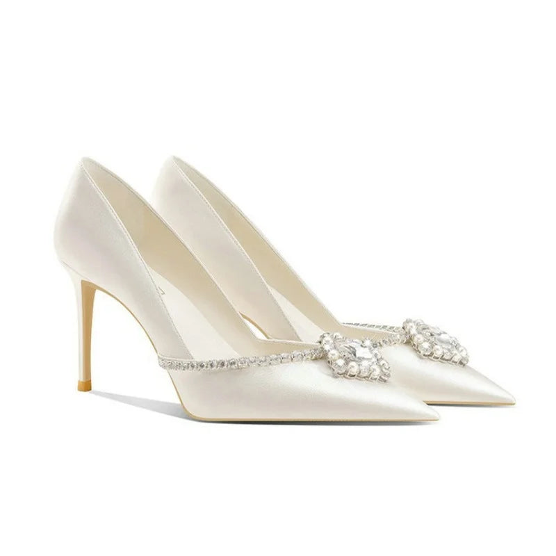 LBSFY  -  2024 Elegant Wedding Shoes Bridal Shoes White Rhinestone High Heels Bridesmaid Pumps