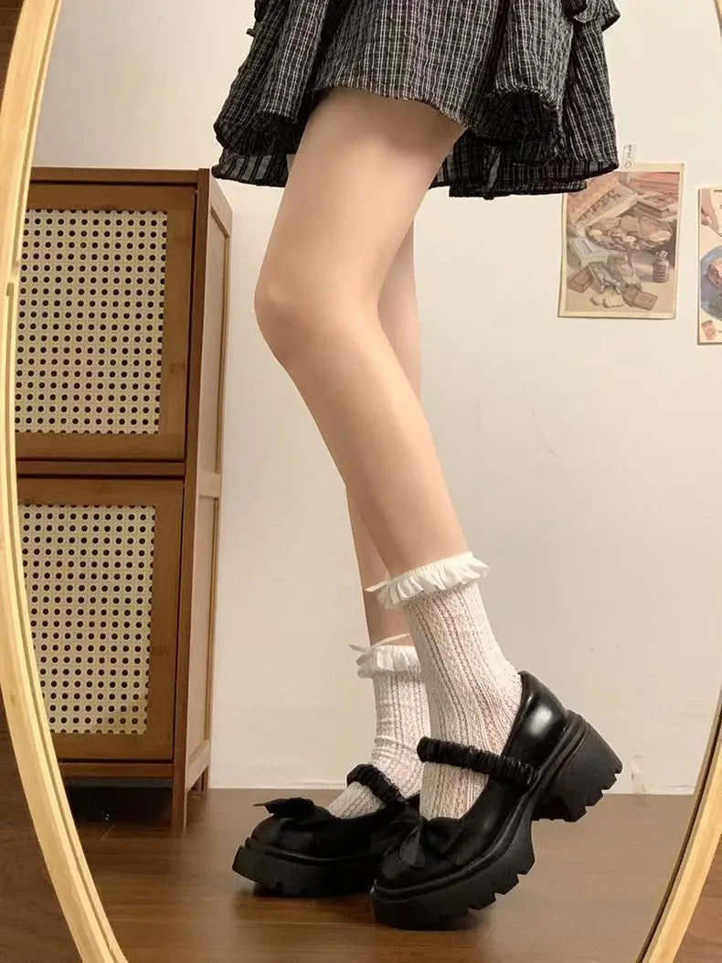 LBSFY -Japanese Style bowknot JK Thick Heel Mary Jane Women's Shoes Summer Vintage French Slip-On PU Leather Chunky Cosplay Pumps