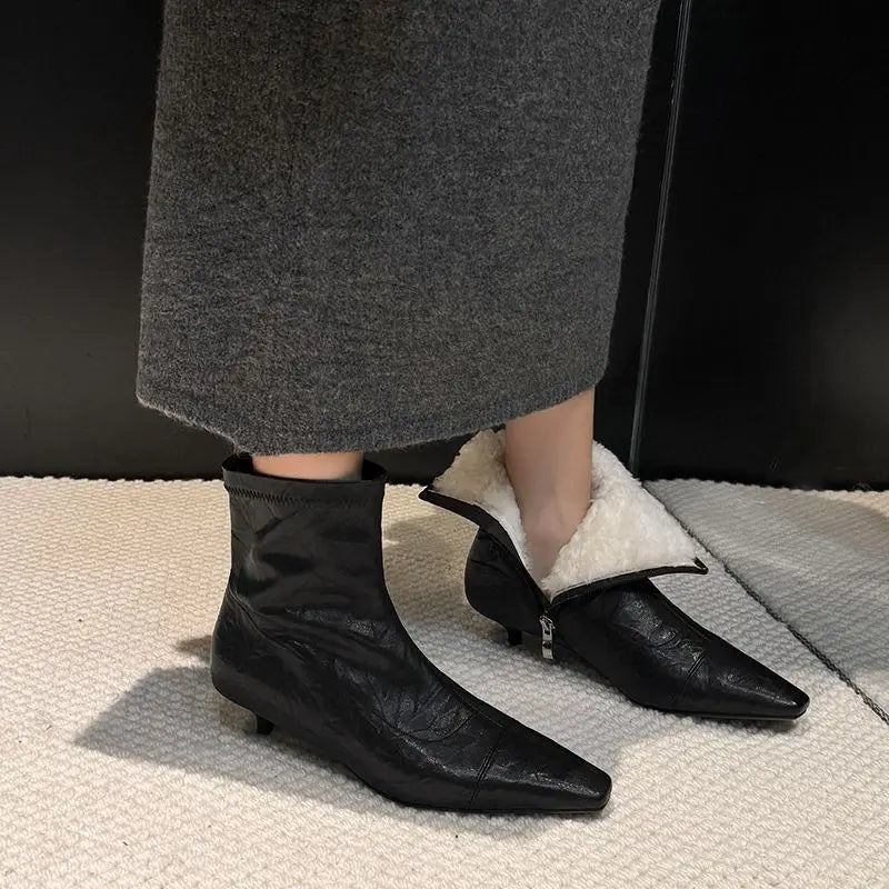 LBSFY  -  Plus Size 34-41 New Genuine Leather Boots Women Zipper Pointed Toe Mid Heels Autumn Winter Ankle Boos Wool Snow Boots
