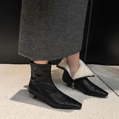 LBSFY  -  Plus Size 34-41 New Genuine Leather Boots Women Zipper Pointed Toe Mid Heels Autumn Winter Ankle Boos Wool Snow Boots