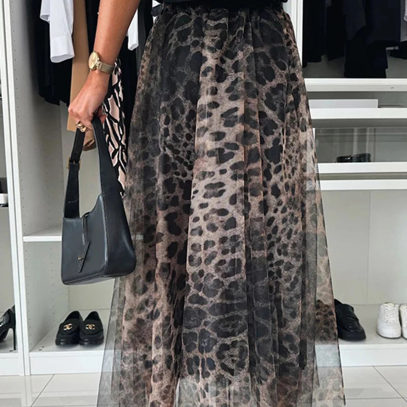 LBSFY  -  Women's Fashion Club Party Slim Half Skirts New Autumn Leopard Print Pleated Skirts Elegant Elastic High Waist Mesh Long Skirt