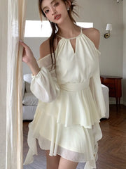 LBSFY -Summer Fairy Elegant Fashion Mini Dresses For Woman New Off Shoulder Sling Halter Tassel Party Dress French Hollow Vestidos