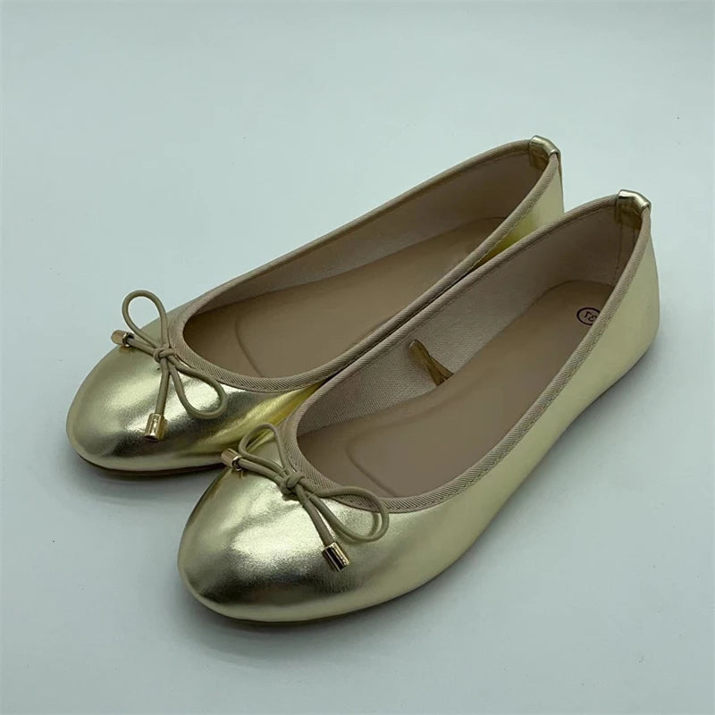 LBSFY -Elegant Bowknot Ballerina Women's Flat Round Toe Comfort Slip-On Ladies Loafers Leather Single Mules Shoes