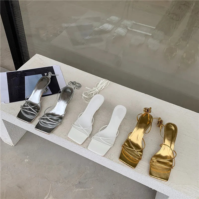 LBSFY -Fashion Gold Silver Sandals Thin Low Heel Lace Up Rome Summer Gladiator Women Casual Narrow Band Shoes Sandalias De Mujer
